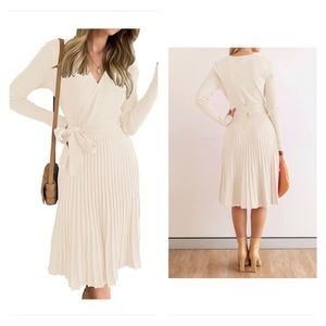 Long sleeve V Neck Ribbed Knit Pleated A Line Pullover Sweaterdress with Belt.